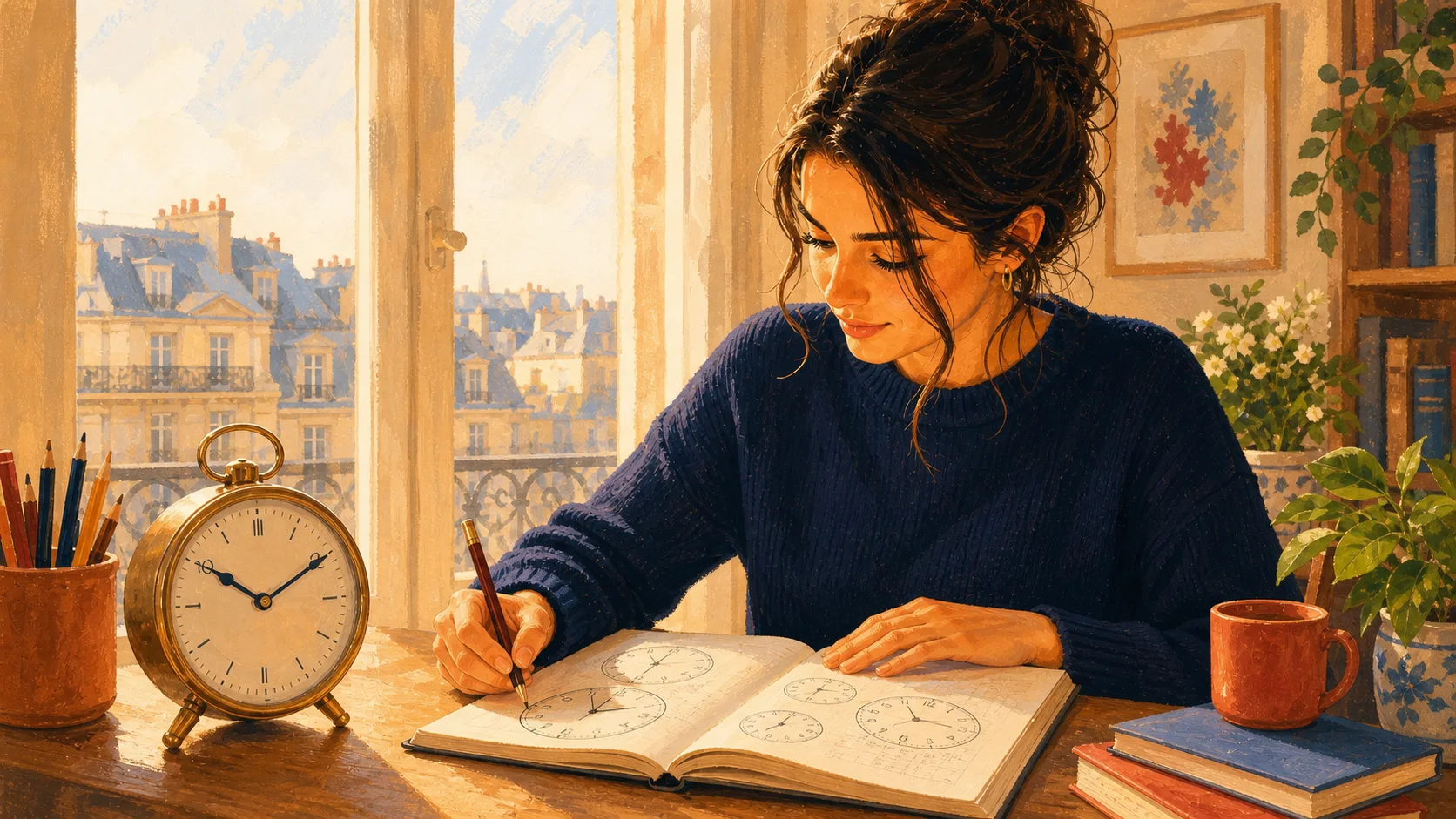 Paris manzaralı bir çalışma odasında analog saatlerle Fransızca saatleri çalışan kadın