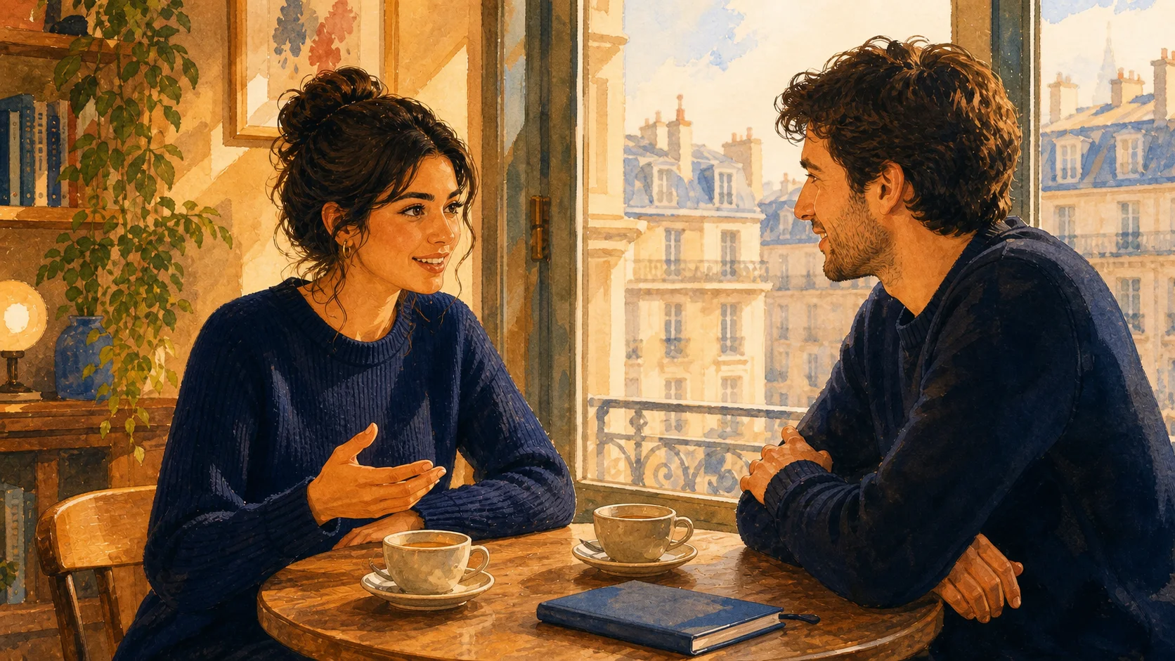 Paris manzaralı bir kafede Fransızca tanışma konuşması yapan iki kişi