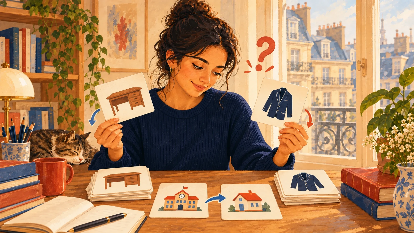 Masa ve takım elbise görselleri taşıyan kartların farklı anlamlarını karşılaştıran Fransızca öğrencisi