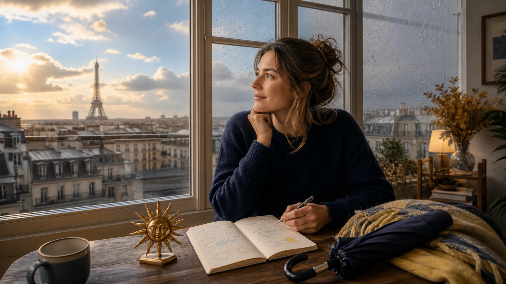 Paris manzaralı bir pencereden güneşli ve yağmurlu havayı izleyerek Fransızca çalışan öğrenci