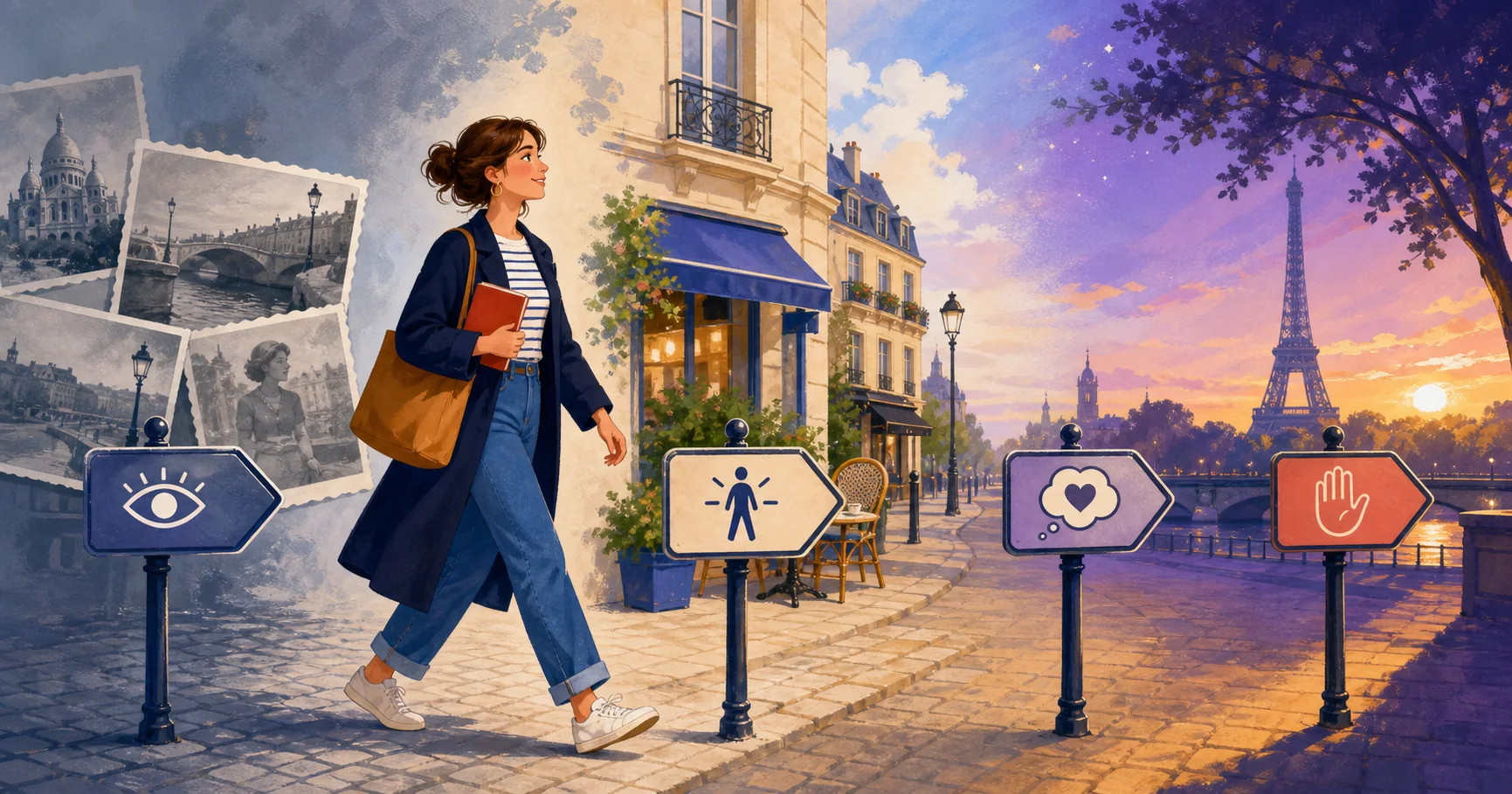Geçmişten şimdiye ve geleceğe uzanan Paris yolunda kip işaretlerinin yanından geçen öğrenci